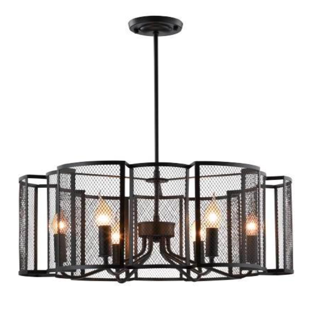 Industrial Mesh Lantern Chandelier with Black Metal Finish - 24 Inch Length and Width, 28 Inch Height - Six E12 Bulb Sockets for Dining Rooms, Kitchens, and Living Areas