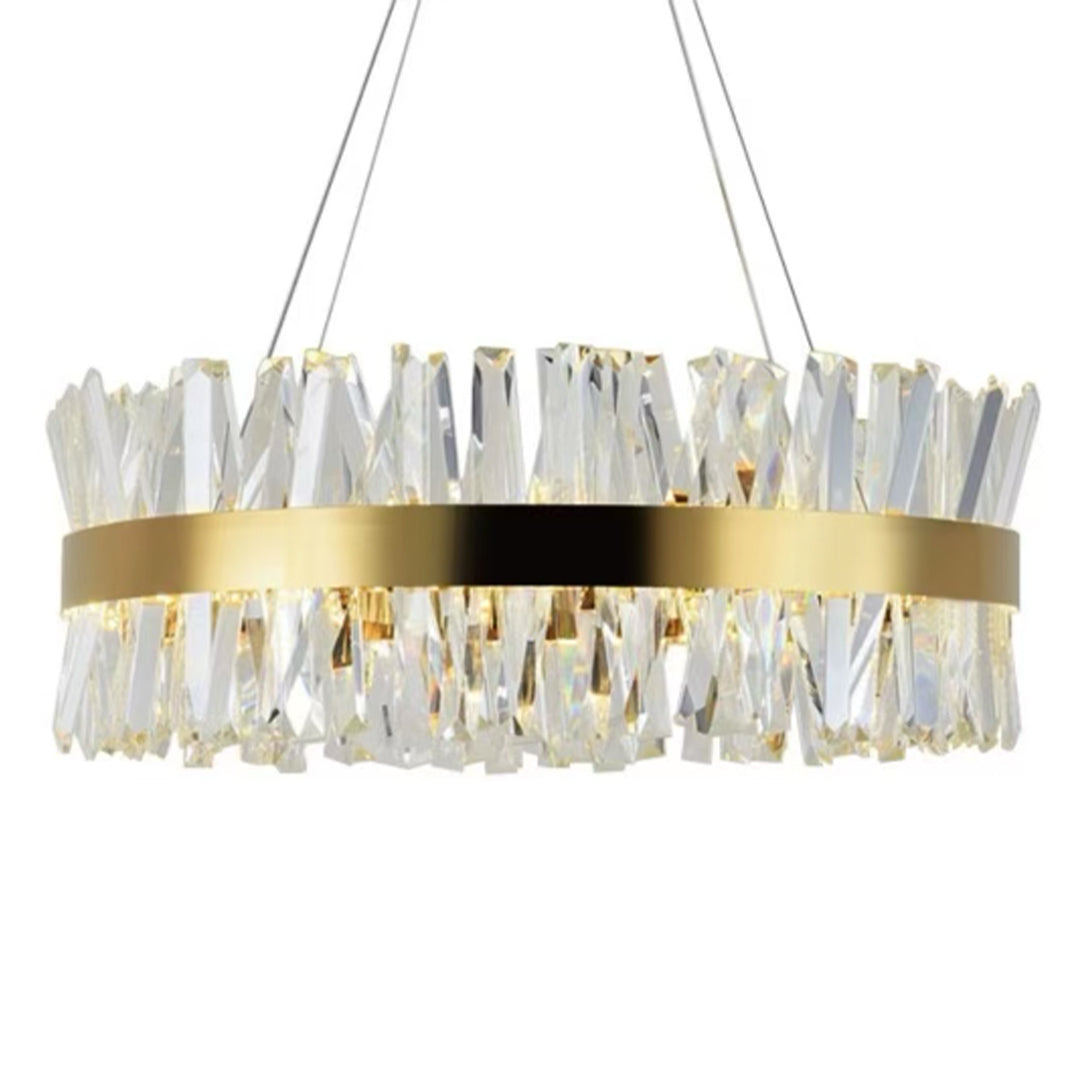 24 Inch Radiant Crystal LED Chandelier with Adjustable Height and Gold Finish - Luxurious Lighting Fixture with Crystal Prisms for Dining Rooms, Living Areas, and Entryways