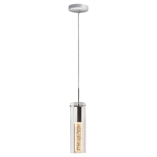 LED Pendant Light with Adjustable Height, Reflective Chrome Finish, and Clear Glass Shade - Modern Cylindrical Design for Kitchens, Dining Areas, and Hallways